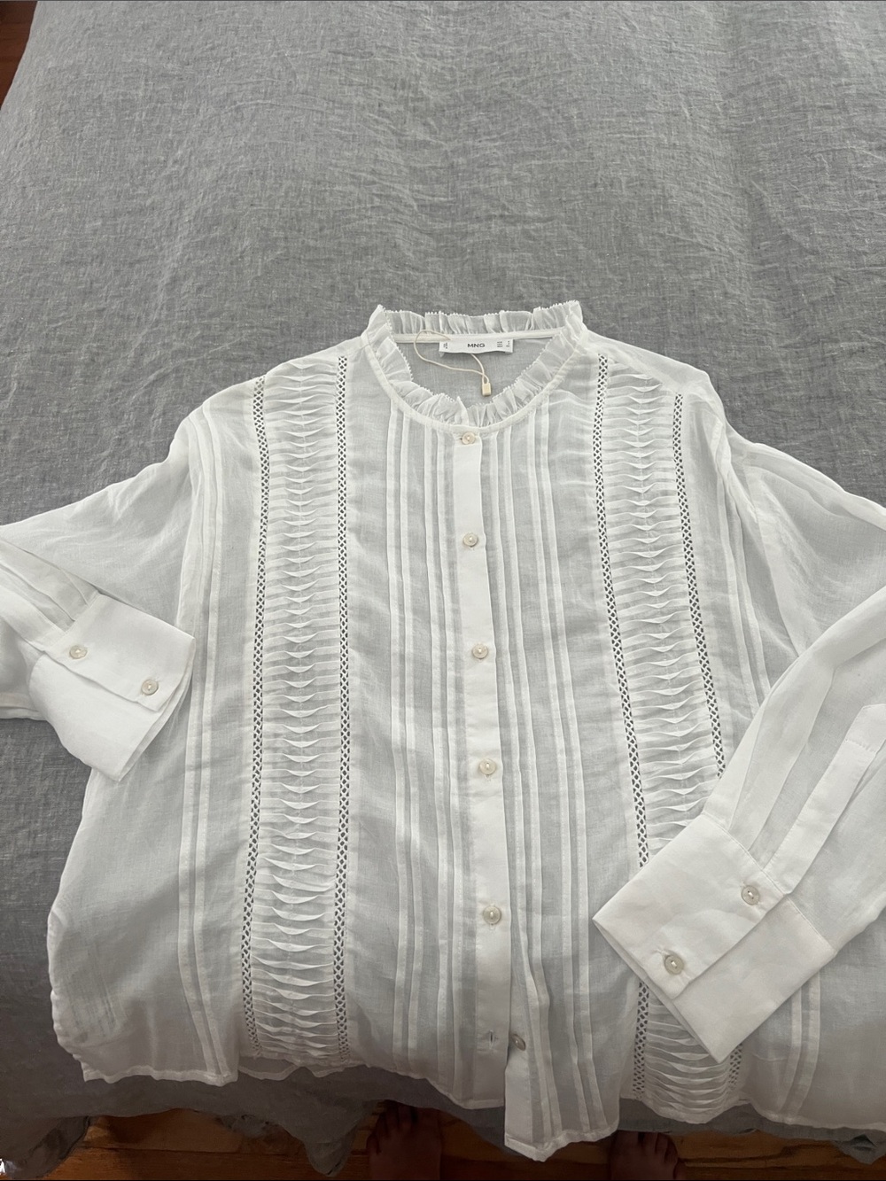 Mango White Sheer Ruffle Neck Blouse